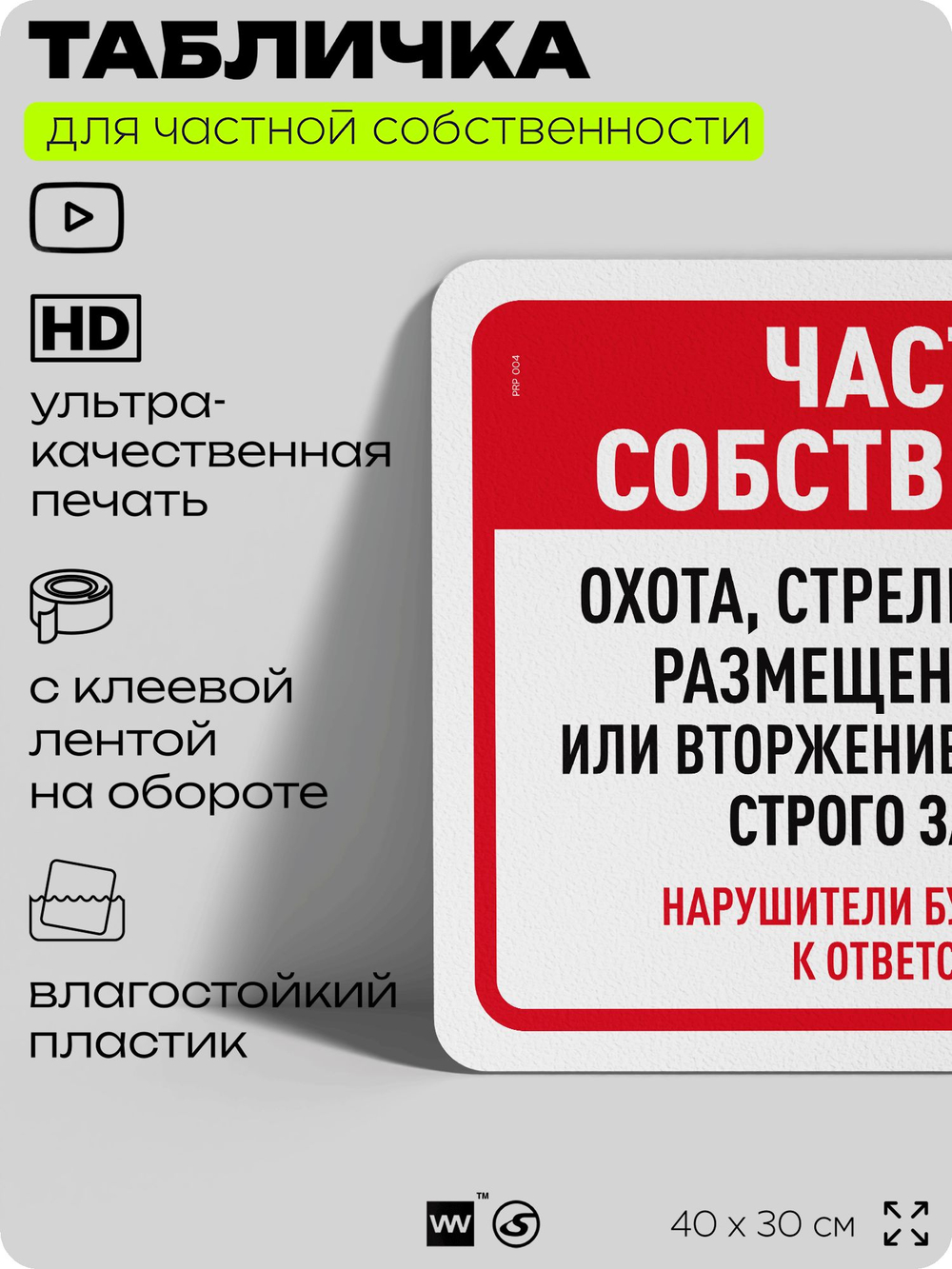 Табличка для частной территории "Частная собственность", на дом, для участка, организаций, предупреждающая, 40х30 см, Silver Plane x Айдентика Технолоджи