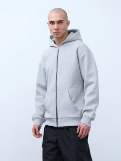 Худи оверсайз на молнии с начёсом (серый-меланж)