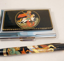 Набор "Георгий Победоносец" №6  визитница, ручка с ручной росписью Палех