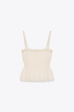 ZARA КРУЖЕВНОЙ ТОП ИЗ ЖОРЖЕТА, СВЕТЛО-БЕЖЕВЫЙ