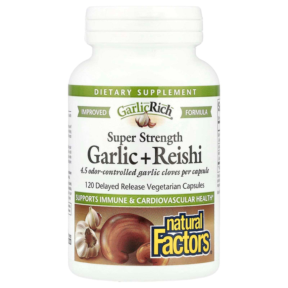Natural Factors, GarlicRich, суперсила чеснока + рейши, 120 вегетарианских капсул с отсроченным высвобождением