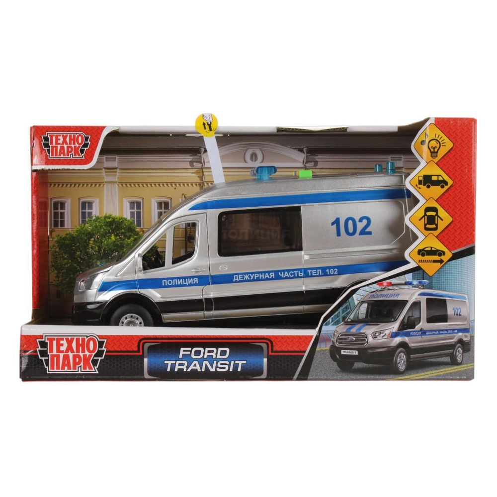 Модель ин. пласт. "Ford Transit. Полиция" 22,5см, двери, серебр, свет-звук, коробка (Технопарк)