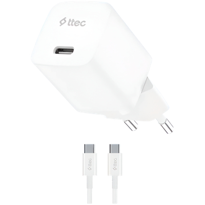 ttec SmartCharger GAN 30W PD Travel Fast Charger + USB-C - USB-C 60W Cable, White