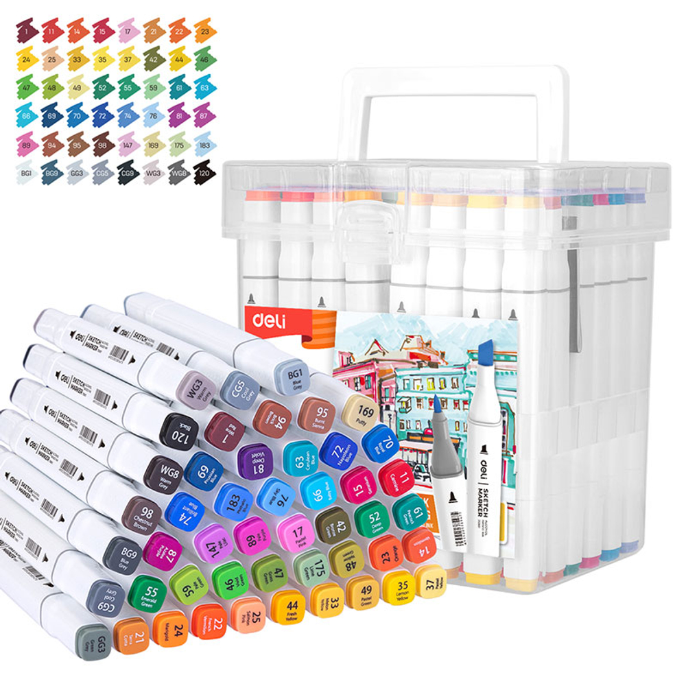 Набор маркеров для скетчинга DELI, двухсторонний 1/7 мм, 48 цветов, пластиковая коробка