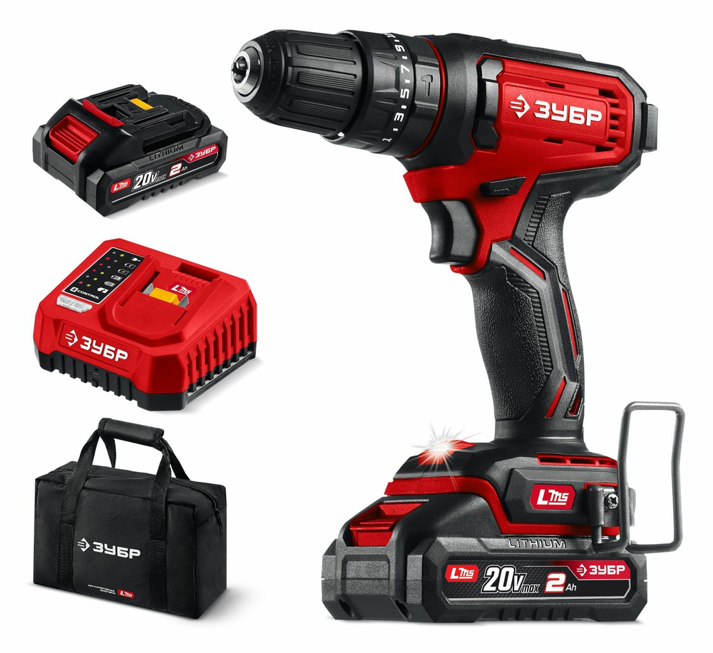 Ударная дрель-шуруповерт ЗУБР 20 В, 40 Н м, 2 АКБ LMS (2 А ч), сумка ДШУ-40-22