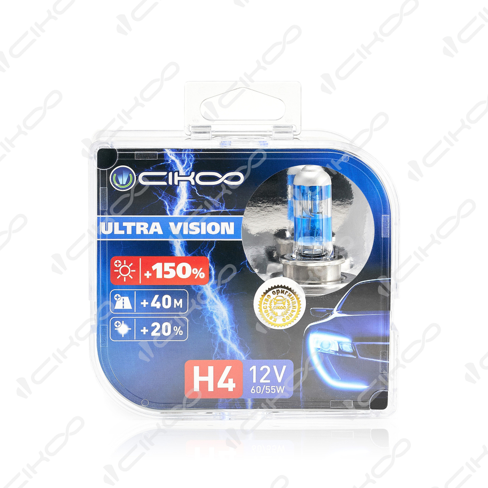 Лампа 12 В H4 60/55 Вт +150% галогенная 2 шт. Cikoo Ultra Vision