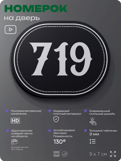Номерок на дверь квартиры 719, для кабинета, офиса, шильдик 9 х 7 см, черный, Айдентика Технолоджи