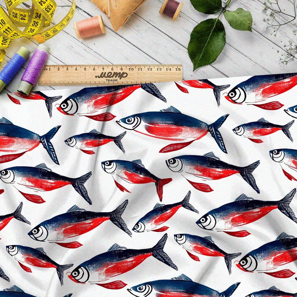 Ткань премиум сатин океанские рыбы