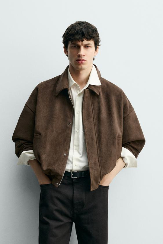 ZARA КУРТКА СВОБОДНОГО КРОЯ ИЗ ИСКУССТВЕННОЙ ЗАМШИ, КОРИЧНЕВЫЙ