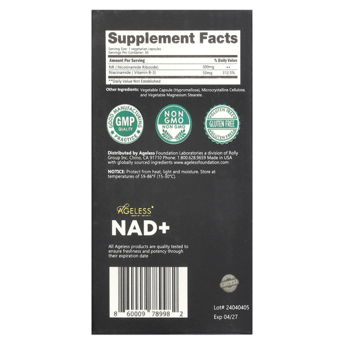 Ageless Foundation Laboratories, NAD + Boost, 30 растительных капсул