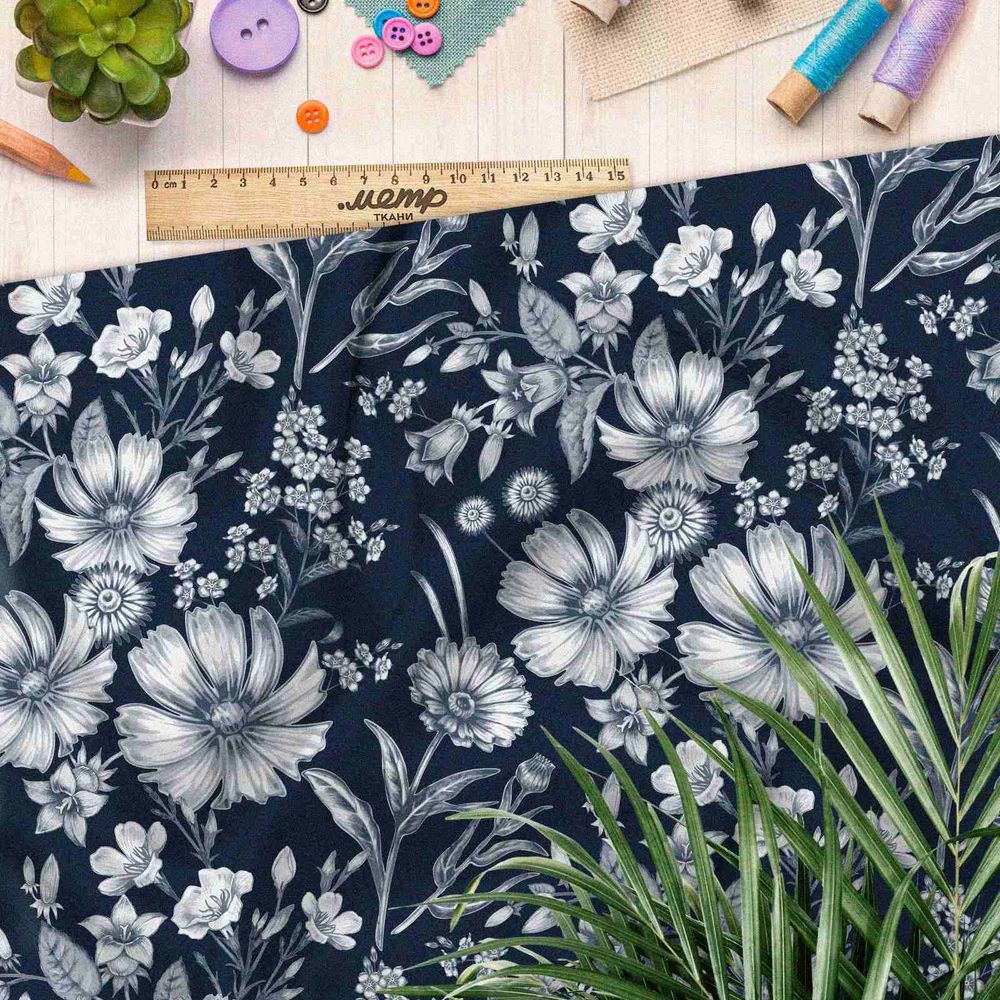 Ткань атлас монохромные цветы на синем