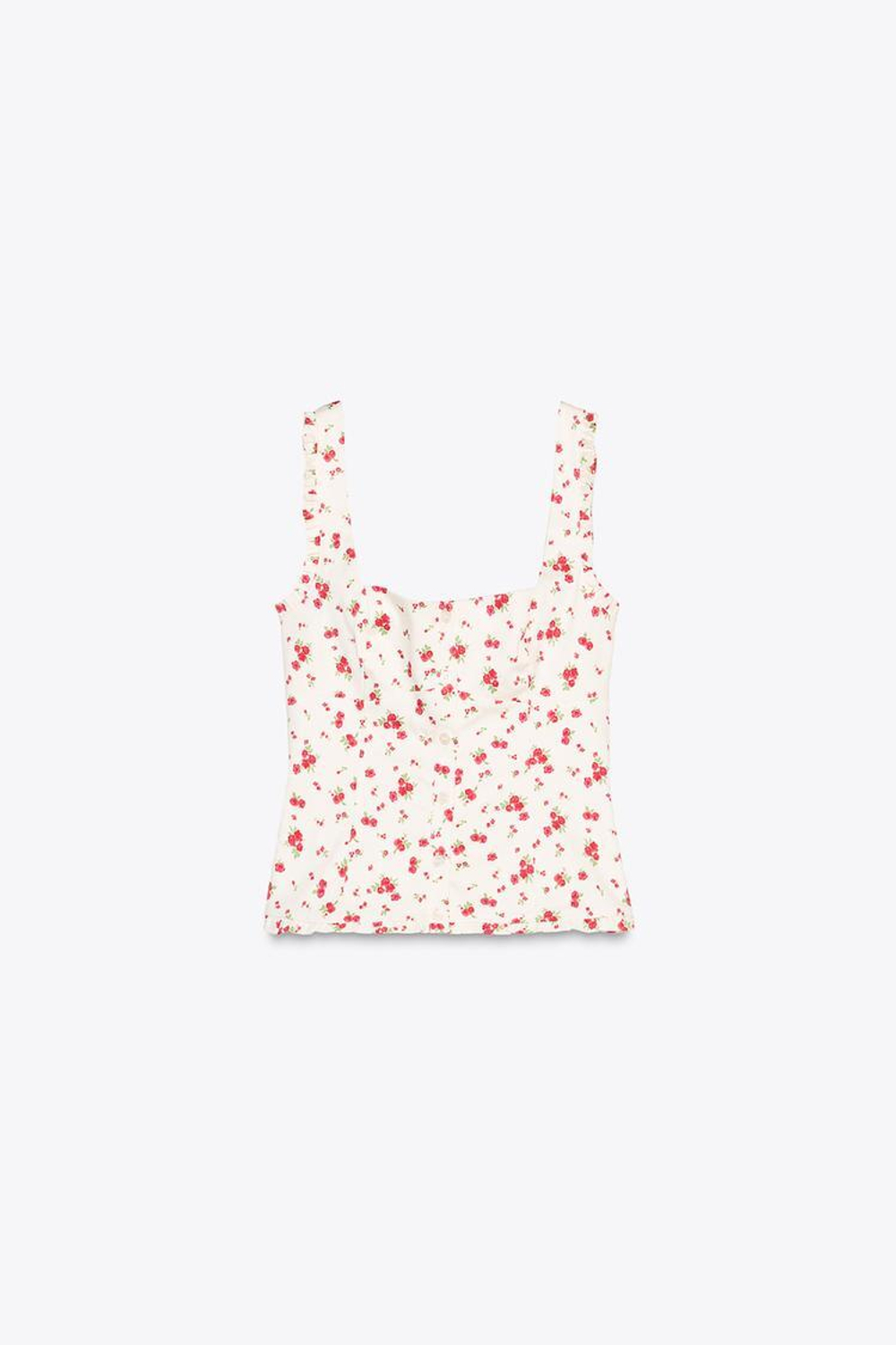 ZARA ТОП ИЗ ЭЛАСТИЧНОГО ПОПЛИНА С ЦВЕТОЧНЫМ ПРИНТОМ, ЭКРЮ/КРАСНЫЙ