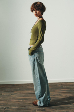 ZARA ФУТБОЛКА В РУБЧИК С ДЛИННЫМИ РУКАВАМИ, ЗЕЛЕНЫЙ