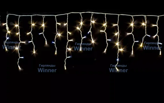Светодиодная мерцающая бахрома 3*0.6 м., 220V, 100 теплых белых LED ламп, белый каучук, соединяемая, Winner (ww.02.7W.100+)