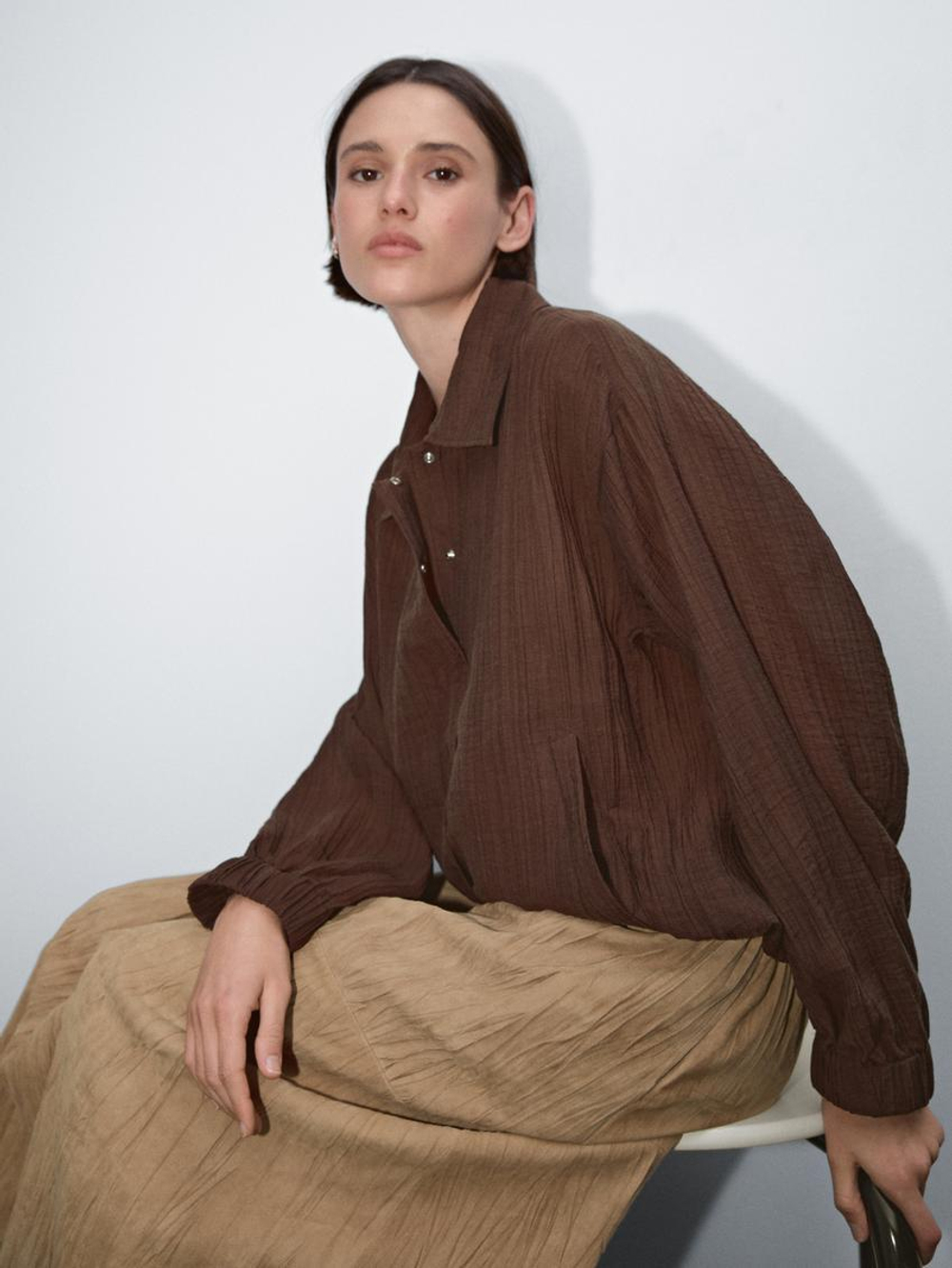 Massimo Dutti Куртка-бомбер из струящейся ткани, коричневый