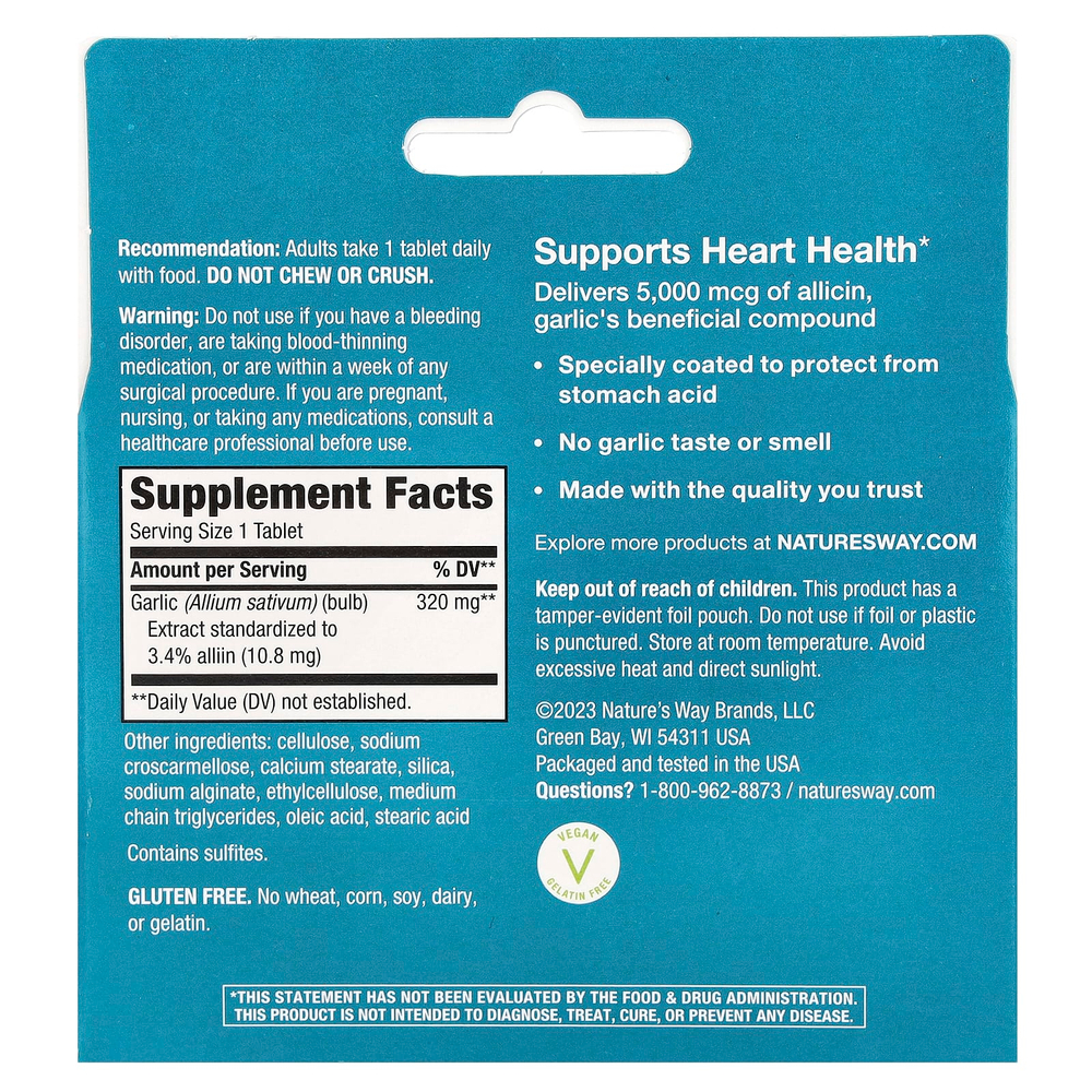 Nature's Way, Garlinase® 5000, экстракт чеснока, 320 мг, 30 веганских таблеток с кишечнорастворимой оболочкой