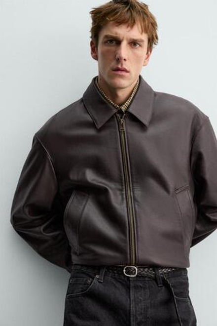 ZARA Х AARON LEVINE КОЖАНАЯ КУРТКА-БОМБЕР, ШОКОЛАДНЫЙ