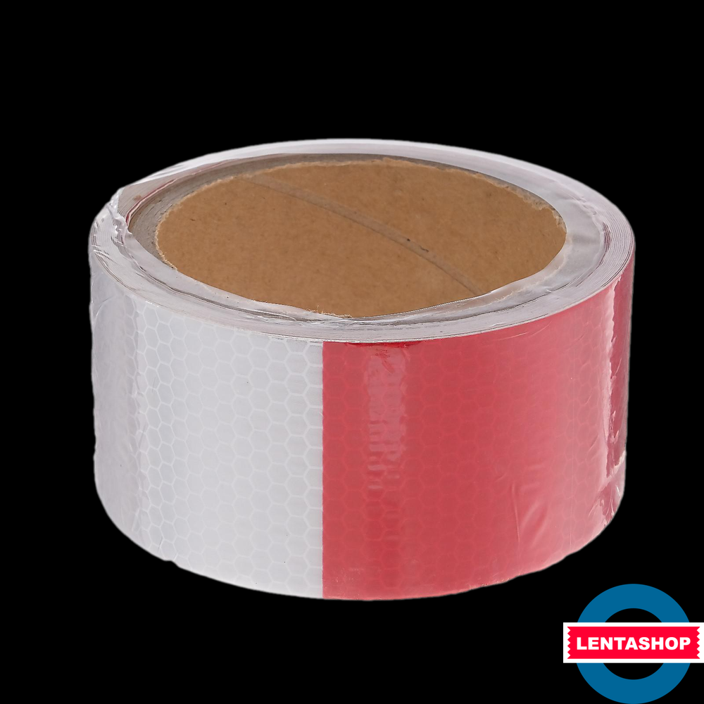 Бело-красная светоотражающая лента пунктирная 5 см х 5 метров