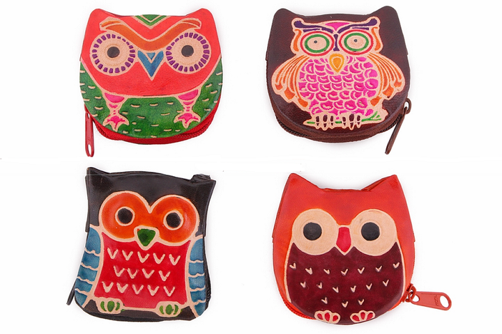 Кошелек под мелочь Сова, цвет бирюзовый, натуральная кожа, ручной принт 8x8x2 см.