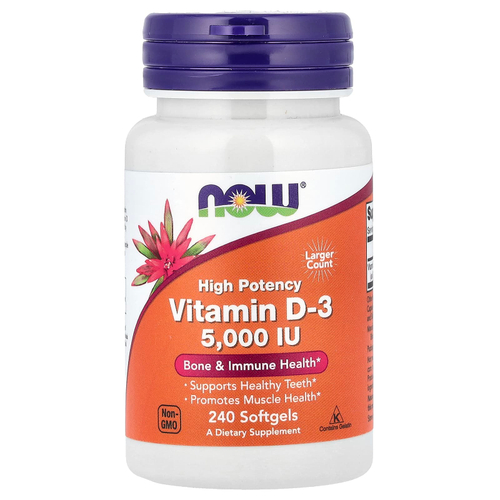 NOW Foods, Витамин D3, высокая эффективность, 125 мкг (5000 МЕ), 240 мягких таблеток