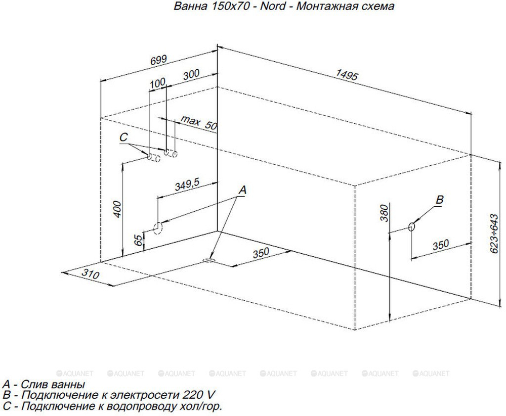 Акриловая ванна Aquanet (Акванет) Nord NEW 150x70 с каркасом