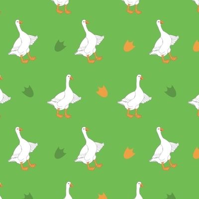 Белые гуси и их отпечатки на зелёном фоне