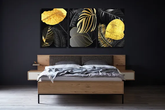 Модульная картина "Тропические листья черно-золотые"