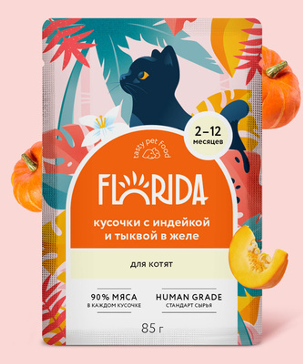 Florida Паучи для котят кусочки с Индейкой и Тыквой в желе, 85гр