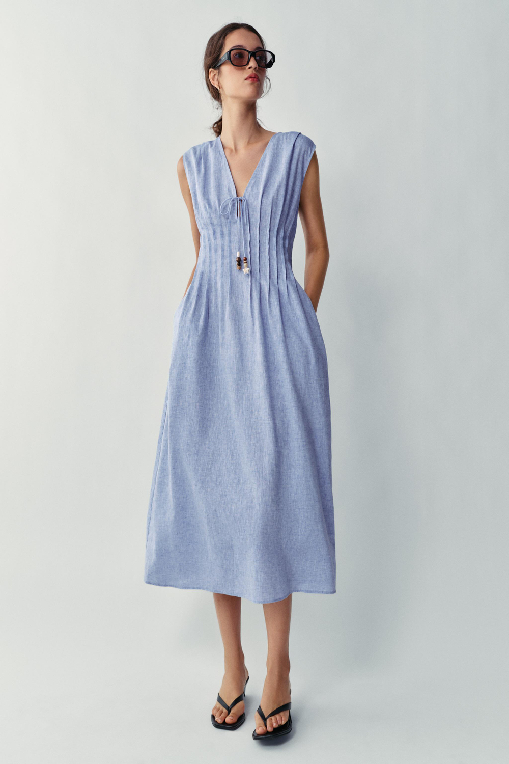 ZARA ЛЬНЯНОЕ ПЛАТЬЕ МИДИ СО СКЛАДКАМИ, СИНИЙ