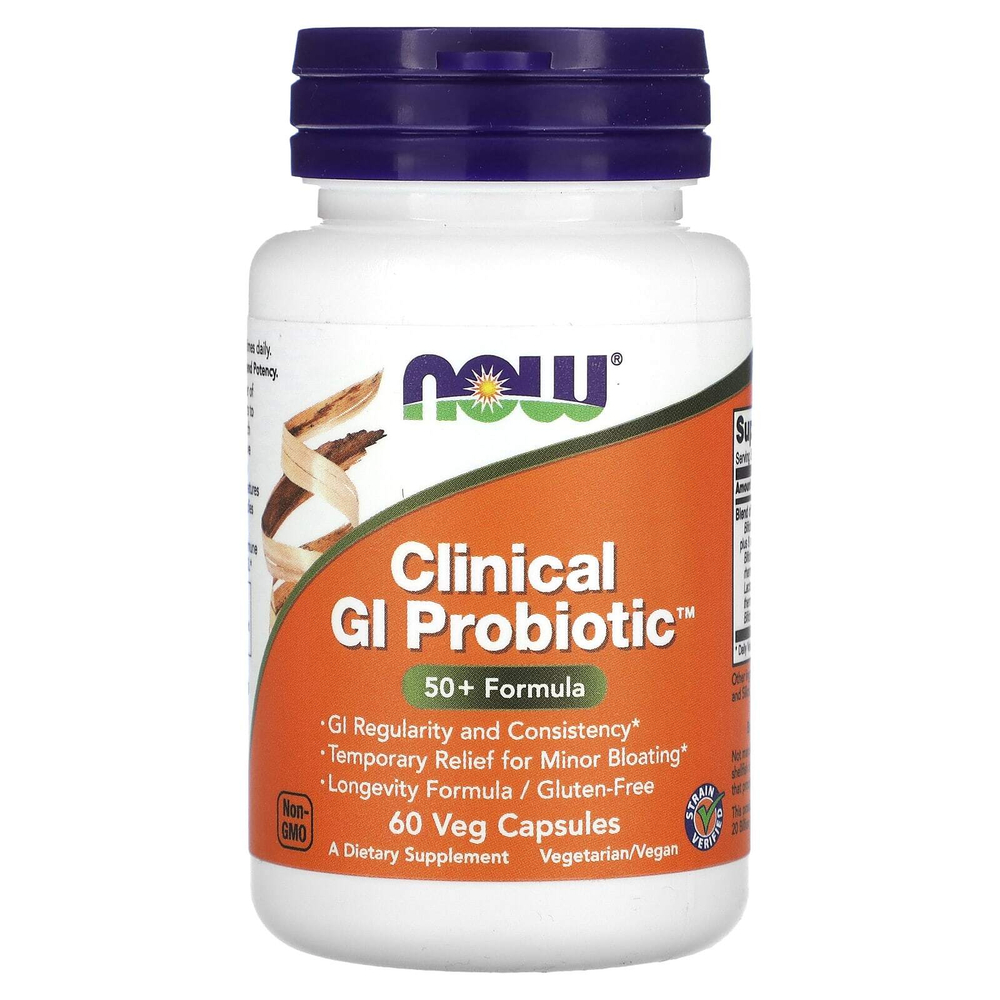 NOW Foods, Clinical GI Probiotic, смесь пробиотиков для пищеварения, для людей старше 50 лет, 60 растительных капсул