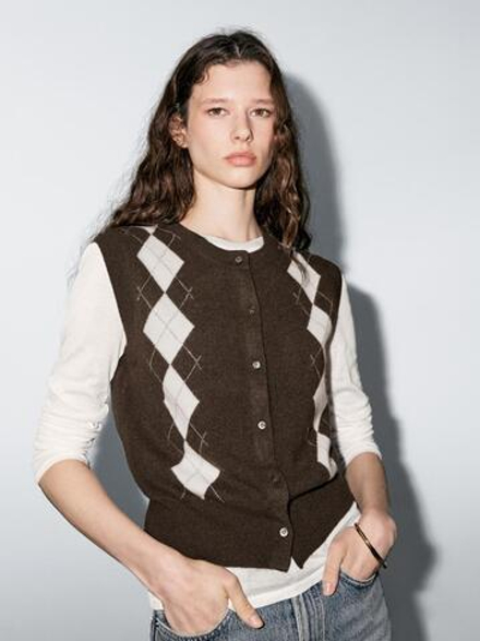 Massimo Dutti Кардиган с узором «ромбы», шоколадный