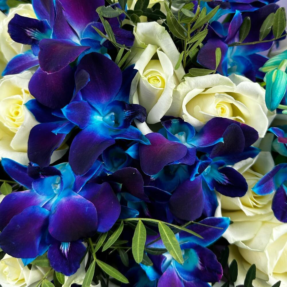 Белые розы с космическими орхидеями XXL. Букет 413