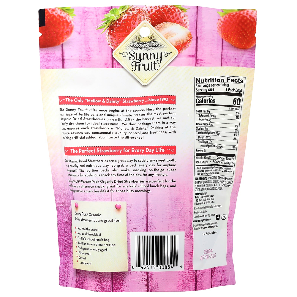 Sunny Fruit, органическая сушеная клубника, 5 порционных пакетиков по 20 г (0,7 унции)