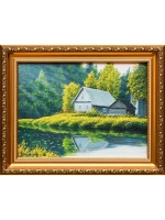 Картина маслом Деревня у реки Тимофеев