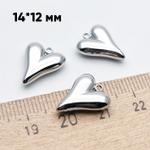 Подвеска Сердце, цвет серебро (родий), размер 14,5*12 мм, цена за 1 шт
