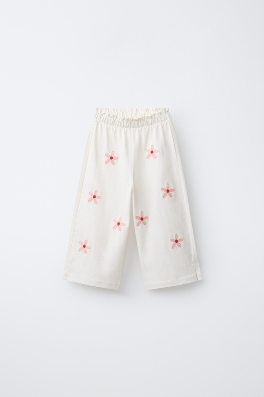 ZARA БРЮКИ-КЮЛОТЫ С ВЫШИВКОЙ ЦВЕТОВ, ЭКРЮ