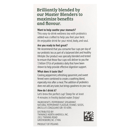 Twinings, Herbal Tea, перечная мята с пробиотиками, без кофеина, 18 чайных пакетиков, 36 г (1,27 унции)