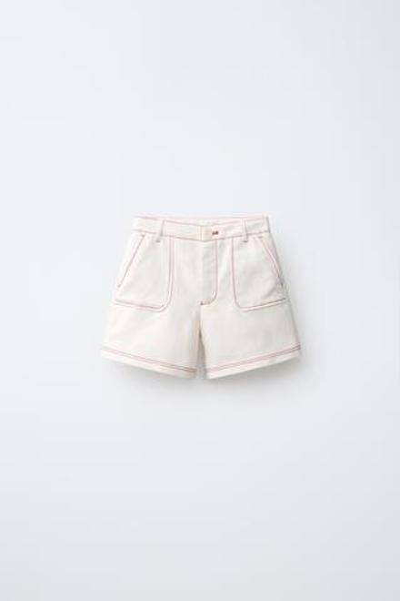 ZARA ШОРТЫ С КРАСНОЙ ОТСТРОЧКОЙ, ЭКРЮ