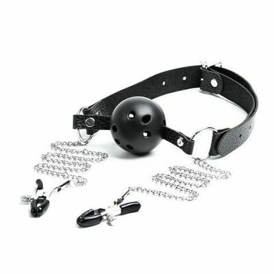 Черный кляп-шарик «Оки-Чпоки» с зажимами для сосков (Цвет: черный)