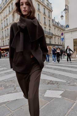 ZARA КОРОТКОЕ ПАЛЬТО ИЗ СМЕСОВОЙ ШЕРСТИ С ШАРФОМ, КОРИЧНЕВЫЙ