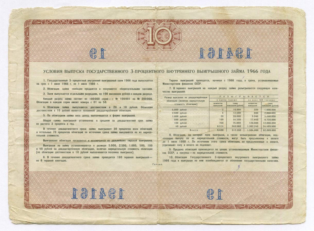 Облигации 20 рублей и 10 рублей 1966 год. Серии №№ 106410 и 194161. F-VF, VG