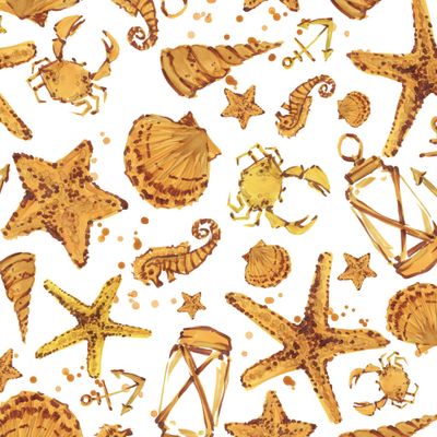 Золотые ракушки морской акварельный принт