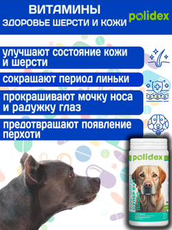 Polidex SuperWool Plus для собак, Кормовая добавка для улучшения состояния кожи, шерсти и когтей, а также для профилактики дерматитов у собак и щенков Полидекс Супер Вул плюс, 500таб