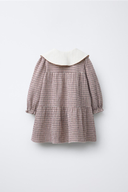 ZARA ПЛАТЬЕ В КЛЕТКУ С ВЫШИТЫМ ВОРОТНИКОМ, ТЕМНО-РОЗОВЫЙ