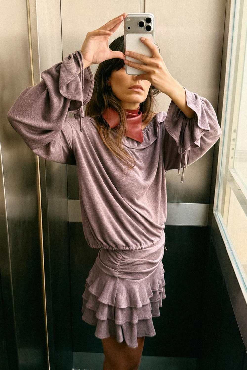 ZARA ФУТБОЛКА С ВОЛАНАМИ ИЗ МЯГКОЙ ТКАНИ, КОРИЧНЕВЫЙ МЕЛАНЖ