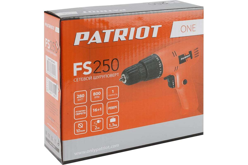 Дрель-шуруповерт сетевая PATRIOT FS 250, 1 скор., мощность 280 Вт, оранжевый