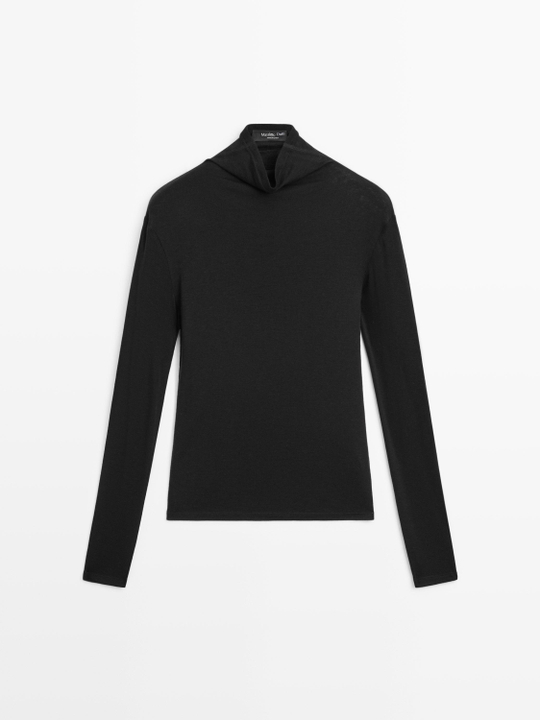 Massimo Dutti Футболка из смеси лиоцелла и шерсти с длинными рукавами, черный