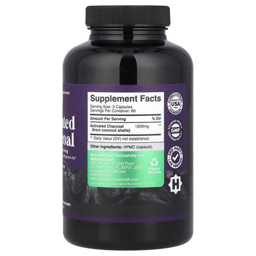 Nature's Craft, Активированный уголь, 180 растительных капсул (400 мг на капсулу)