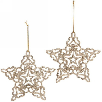 Подвески в блестках «Звездочки кружевные» 10 см (набор 2шт), шампань