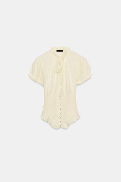 ZARA ТОП ИЗ РЕЛЬЕФНОЙ ТКАНИ С БАНТОМ, ЦВЕТ СЛИВОЧНОГО МАСЛА